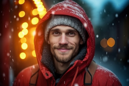 Young man in the red jacket and hat with a hood on a background of Christmas lightsの素材