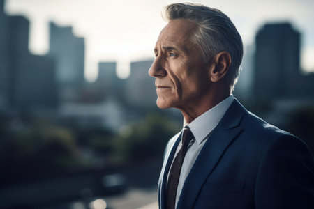 Portrait of a handsome senior businessman outdoors. He is looking away and smiling.の素材