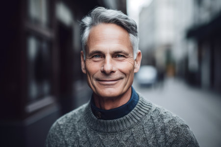 Portrait of handsome mature man smiling at camera in the city streetの素材