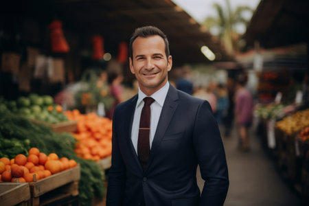 Smiling businessman standing in front of fruits and vegetables on the marketの素材