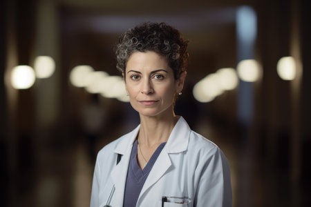 Portrait of a female doctor in a hospital corridor. Horizontal shot.の素材