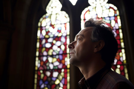 Young man in front of a stained glass window in a church.の素材