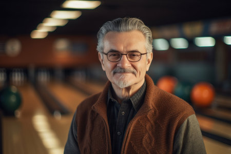 Portrait of senior man standing in bowling alley, looking at camera.の素材