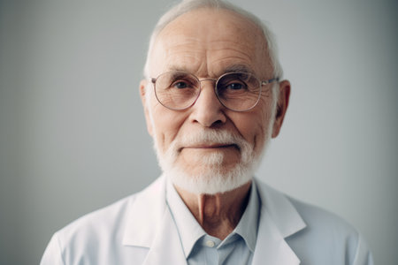 Portrait of senior doctor in eyeglasses looking at camera while standing against gray backgroundの素材