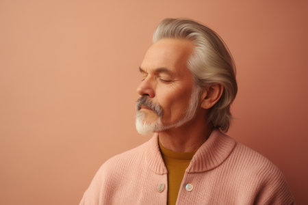 Portrait of a senior man with gray hair and beard in a pink sweater.の素材