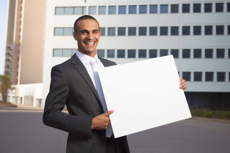 Portrait of smiling african american businessman holding blank board outdoorsの素材