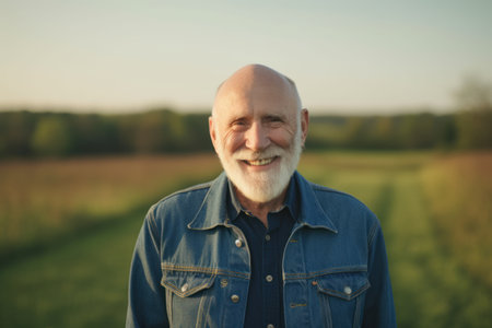 Portrait of a smiling senior man standing in a field at sunsetの素材