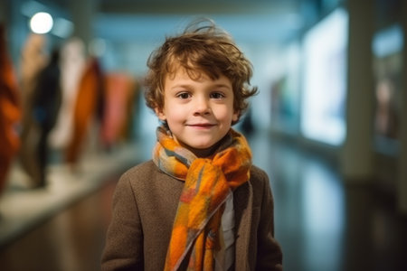 Portrait of cute little boy in coat and scarf in shopping mallの素材