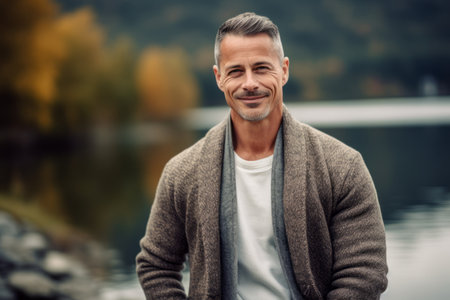 Handsome middle-aged man in a sweater and jeans is standing by the lake in autumn.の素材