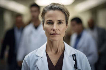 Portrait of mature female doctor standing in corridor with colleagues in backgroundの素材