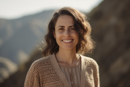 Portrait of smiling woman in sweater looking at camera on top of mountainの素材