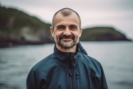 Portrait of a smiling middle-aged man on the seashore.の素材