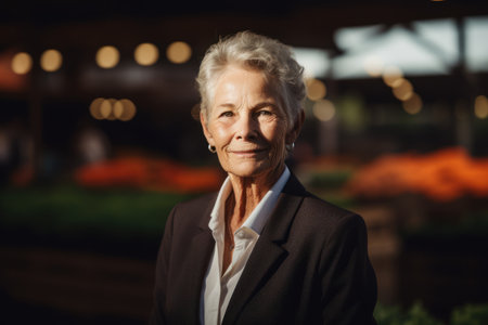 Portrait of smiling senior businesswoman standing in front of a restaurantの素材