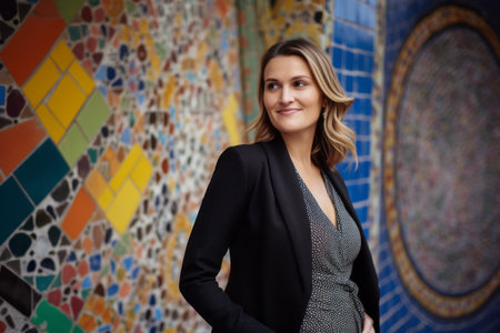 Portrait of a beautiful young woman in a black jacket on the background of a mosaic wallの素材