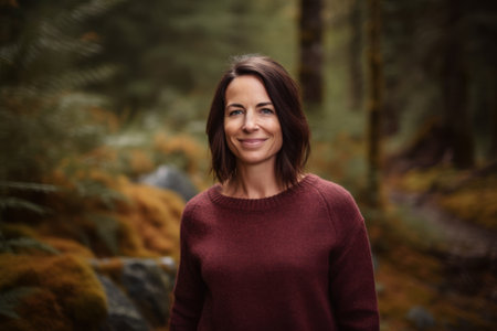 Portrait of a beautiful woman in the forest. Autumn season.の素材