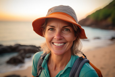 Portrait of smiling female hiker looking at camera on the beachの素材