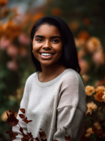 Portrait of a beautiful young african american woman in autumn parkの素材