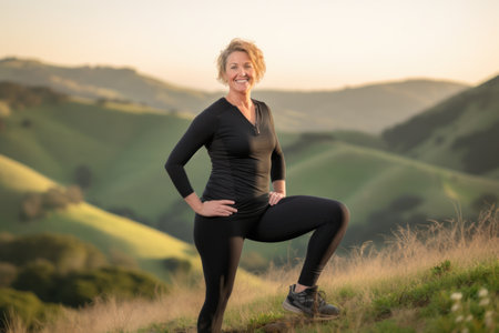 Portrait of smiling middle aged woman in sportswear standing on top of a hill and looking at cameraの素材