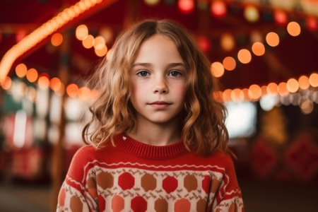 Portrait of a cute little girl with blonde curly hair in a red sweater on the background of Christmas lightsの素材
