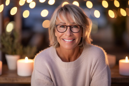 Portrait of smiling mature woman in eyeglasses looking at cameraの素材