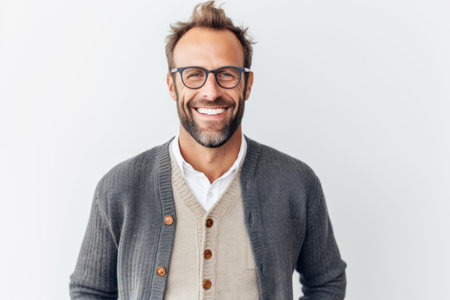 Portrait of handsome young man in eyeglasses smiling at cameraの素材
