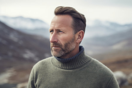 Portrait of a middle-aged man in a sweater on the background of mountainsの素材