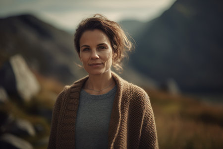 Portrait of a beautiful woman in the mountains looking at the cameraの素材