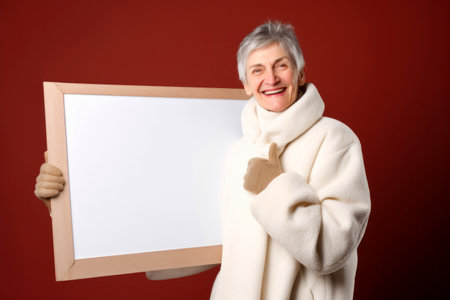 Portrait of a happy senior woman with blank board on red backgroundの素材
