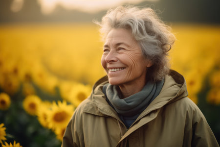 Portrait of smiling senior woman standing in sunflower field at sunsetの素材
