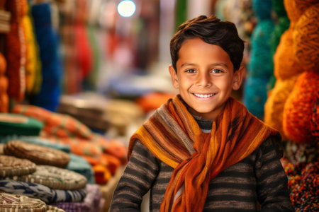 Portrait of a young boy in a colorful scarf at the marketの素材