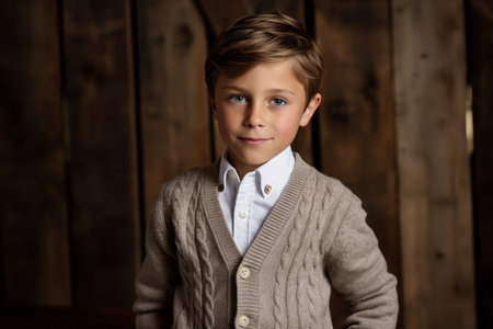 Portrait of a boy in a sweater on a wooden background.の素材