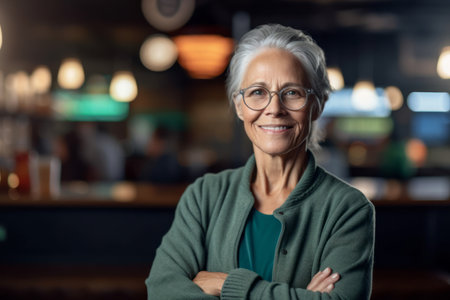 Portrait of smiling senior woman standing with arms crossed in coffee shopの素材
