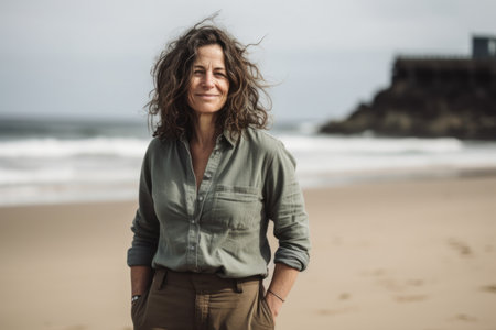 Portrait of a beautiful middle aged woman with long wavy hair standing on the beach.の素材