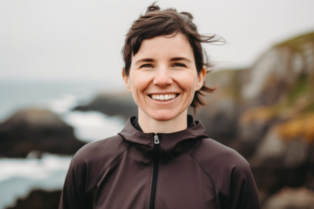 Portrait of a smiling woman in sportswear standing by the oceanの素材