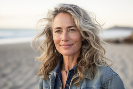 Portrait of smiling woman on the beach at day time.の素材