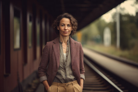 Portrait of a young woman standing on the platform of a train stationの素材