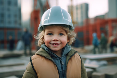Portrait of a little boy in a helmet on a construction siteの素材