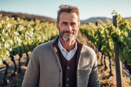 Portrait of handsome mature man standing in vineyard and looking at cameraの素材