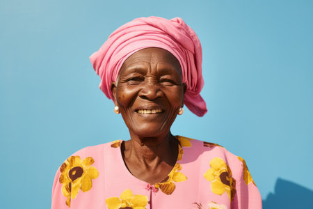 Portrait of a senior african woman smiling against blue background.の素材