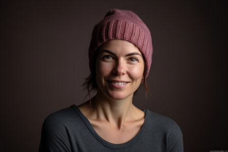 Portrait of a beautiful young woman in a pink hat on a dark backgroundの素材