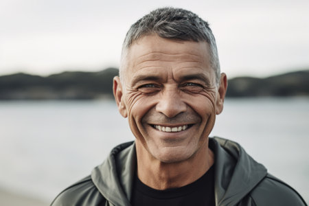 Portrait of smiling mature man looking at camera while standing on beachの素材
