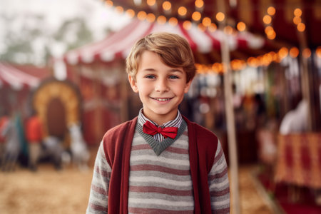 Portrait of a cute little boy with a red bow tie on a Christmas marketの素材