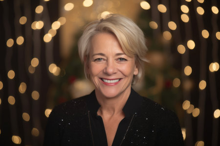 Portrait of a beautiful middle-aged woman on a background of Christmas lightsの素材