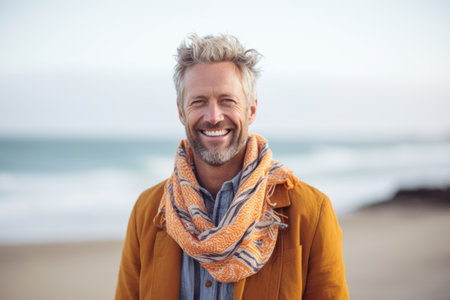 Portrait of smiling man wearing scarf on the beach at day timeの素材