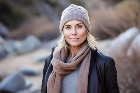 Portrait of smiling woman in cap and scarf standing on rocky beachの素材