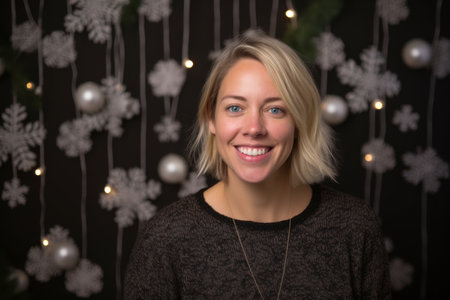 Portrait of a beautiful young woman on a background of Christmas decorationsの素材