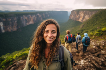 Smiling woman hiker with backpack standing on top of a mountainの素材
