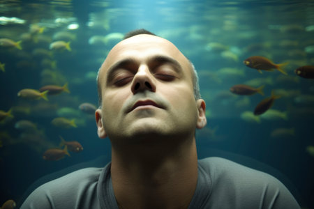 Portrait of a man looking at the fish in the aquarium.の素材
