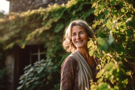 Portrait of a smiling senior woman standing in the garden at homeの素材