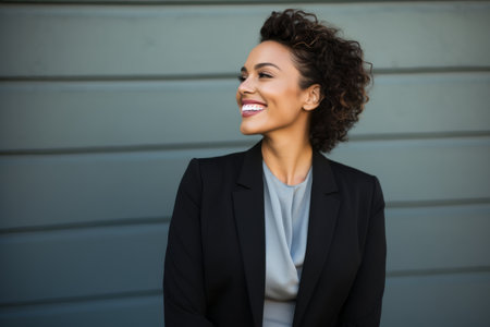 Portrait of smiling african american businesswoman standing against gray wallの素材
